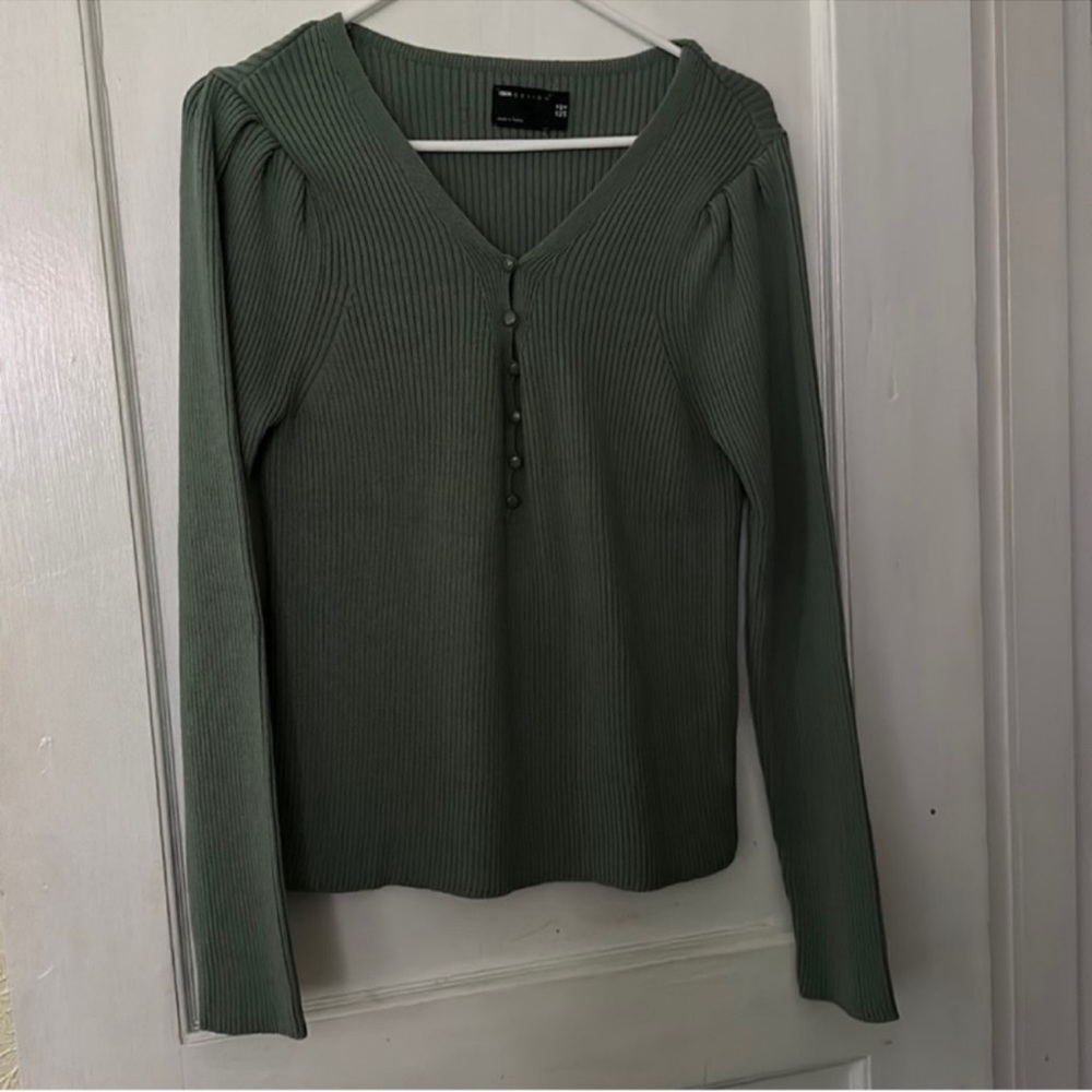 ASOS Design Boho Ribbed Long Sleeve Soft Henley Blouse Shirt Top